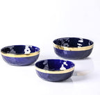 Stone Lain Florian Porcelain 3-Piece Round Bowl Service Set, Blue with Gold Rim