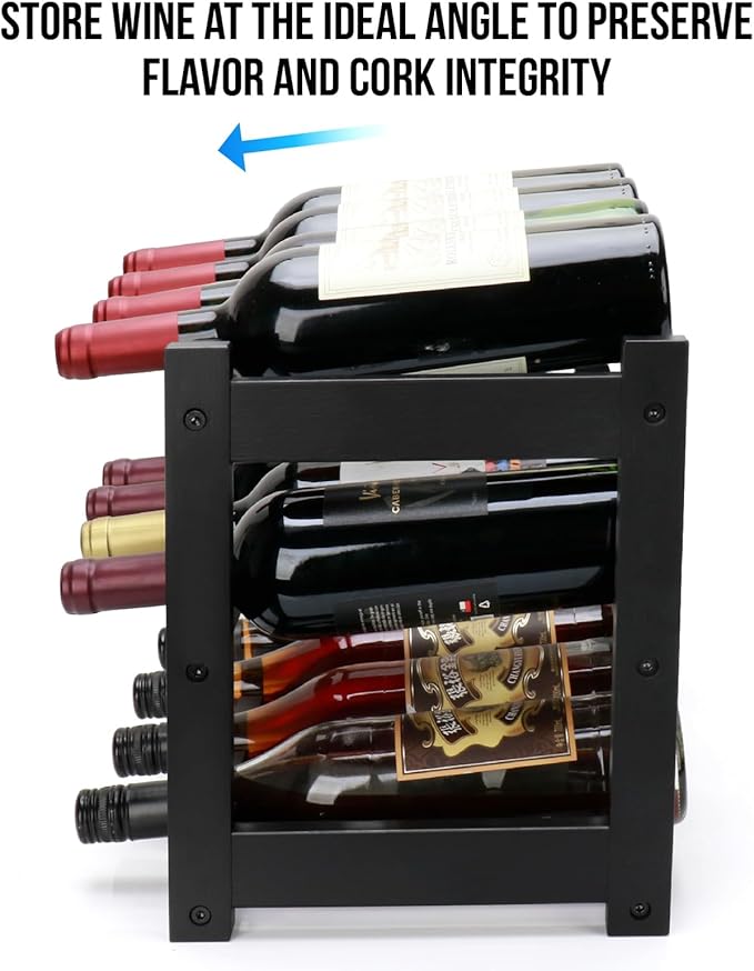 Bamboo Wine Rack, 3-Tier 12 Bottles Wine Storage Cabinet Shelf, Easy-Assembly Freestanding Bamboo Wine Racks Countertop for Kitchen Pantry Dining Room Bar, Black