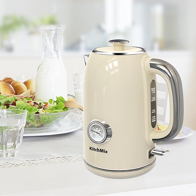 Electric Kettles1500W, 1.7L Stainless Steel Tea Kettle with Thermometer, Auto Shut-Off & Boil-Dry, Cool Touch Handle, BPA Free Kettle & Hot Water Kettle (Beige)