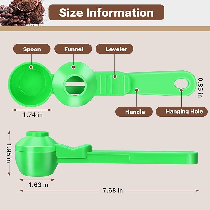 2-in-1 Coffee Scoop with Funnel, 2 Teaspoon Measuring Spoon for Reusable K Cups, Ground Coffee, Protein Powder & Tea, Mess-Free Plastic Design (Green)