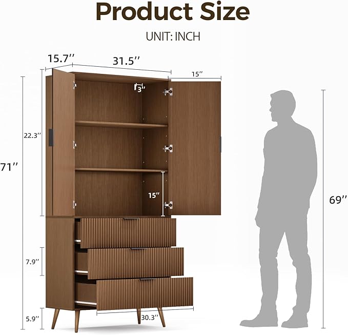 Tall Kitchen Cabinet, Pantry Cabinet with 3 Drawers 2 Doors, Storage Cabinets with Doors, Wood Cupboard with Fluted Panel Design, Tall Fluted Cabinets for Living Room, Kitchen, Walnut