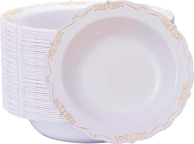 N9R 30PCS Disposable Soup Bowls with Gold Relief, 12 Oz Fancy Plastic Soup Bowls for Holidays, Parties, Weddings, Catering and Everyday Use