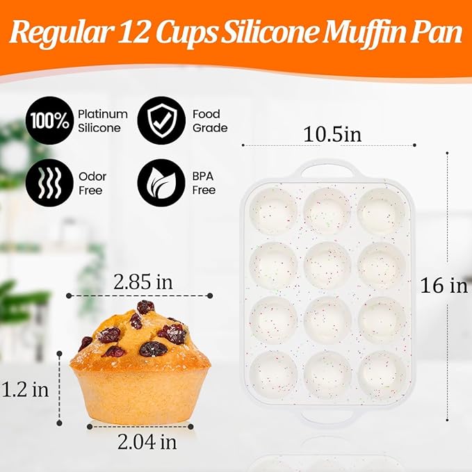 Silicone Muffin Pan, with Metal Reinforced Frame 2.8 Inch Regular Size Silicone Cupcake Pan Nonstick 12 Cups for Baking Homemade Muffins, Cupcakes, Egg Bites 2 Pack Dishwasher Safe BPA Free