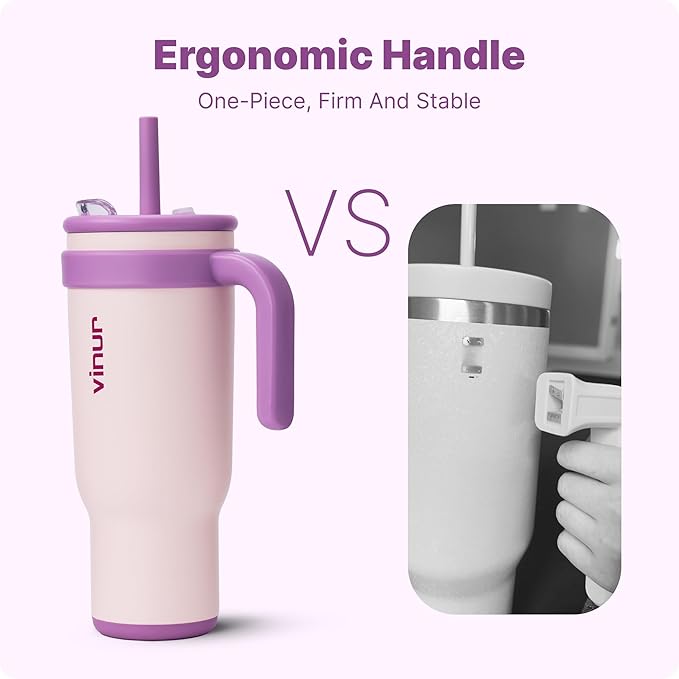 VINUR 40 oz Tumbler with Handle-Stainless Steel Vacuum Insulated Tumbler Cup for Travel, Reusable Coffee Mug with Lid and Straw (Pink)