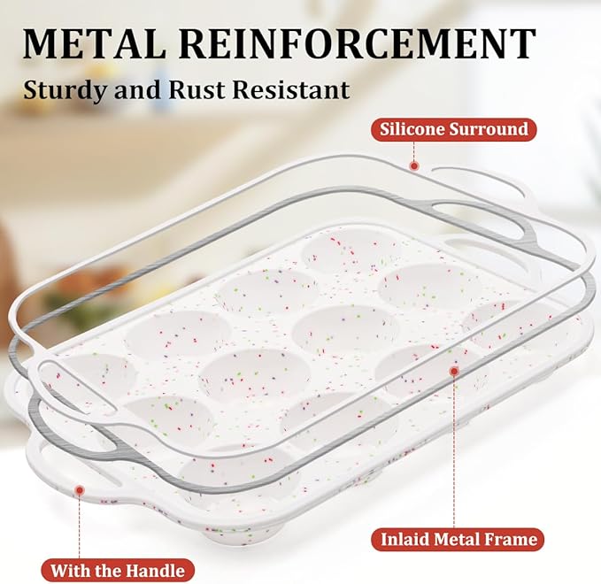 CAKETIME Silicone Muffin Pan with Metal Frame, Metal Reinforced Frame Regular Size Cupcake Pan with Handle 12 Cups Nonstick Muffin Pan for Baking BPA Free 2 Pack