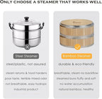 9.5-Inch Vertical Bamboo Steamer Basket, 2-Tier with Stainless Steel Rings | 50 Liners, Sauce Dish & 2-Chopsticks | Cooking Pot for Buns Dumplings Rice Vegetables Dim Sum