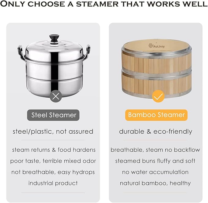 9.5-Inch Vertical Bamboo Steamer Basket, 2-Tier with Stainless Steel Rings | 50 Liners, Sauce Dish & 2-Chopsticks | Cooking Pot for Buns Dumplings Rice Vegetables Dim Sum