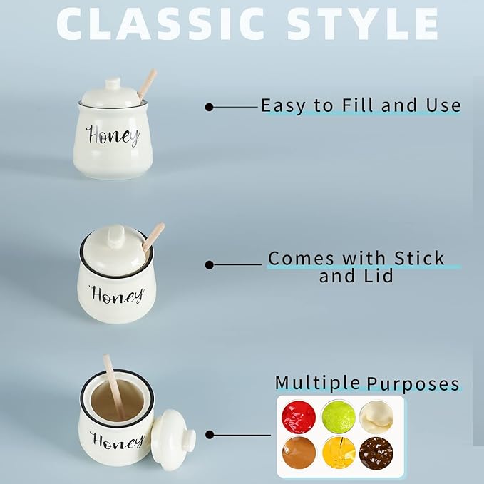 HAOTOP Farmhouse Porcelain Honey Jar with Dipper and Lid Set 12oz,Easy to Clean (Beige)