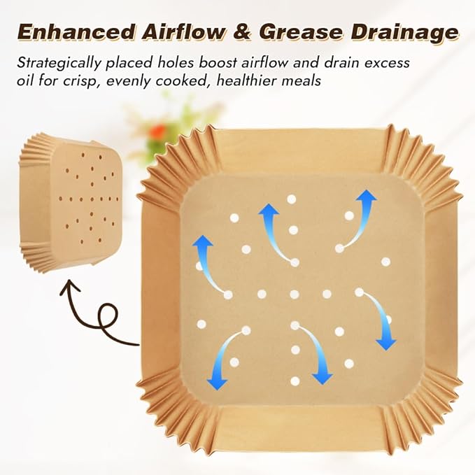 BYKITCHEN Perforated Air Fryer Liners for Ninja Pro AF141/AF181, Chefman, Instant Vortex, Cosori&5-8 QT Airfryer, 100PCS 9 Inch Disposable Air Fryer Parchment Paper Sheet Filters, Airfryer Accessories