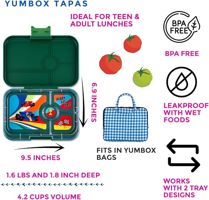 Yumbox Tapas 4-Compartment Bento Lunch Box, Large Size, Perfect for Sandwiches, Eco-friendly, Leakproof (Greenwich Green- Race Cars Tray)