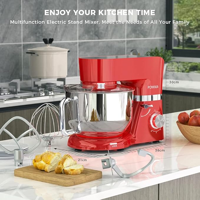 Stand Mixer, POWWA 7.5 QT Electric Mixer, 6+P Speed 660W Household Tilt-Head Kitchen Food Mixers with Whisk, Dough Hook, Mixing Beater & Splash Guard for Baking, Cake, Cookie, Kneading (Red)