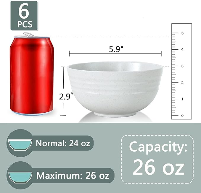 【NOT CERAMIC】Unbreakable Cereal Bowls, 25 OZ Wheat Straw Bowls Microwave and Dishwasher Safe BPA-Free Eco-Friendly Bowl Beige Color for Cereal, Serving ,Soup, Oatmeal, Pasta and Salad（Set Of 6）