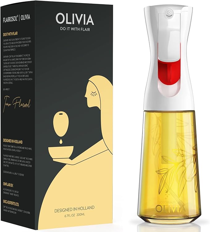 FLAIROSOL OLIVIA Oil Sprayer for Cooking, 200ml Glass Olive Oil Sprayer, Continuous Cooking Spray Bottle with Portion Control, Olive Oil Dispenser for Kitchen, Air Fryer, Salad, BBQ (Golden Leaves)