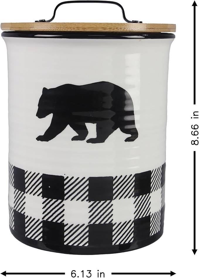 Young's Ceramic Treat Jar with Airtight Lid, Black and White Buffalo Plaid Bear Dog Treat Container, Decorative Cat Food Storage Canister