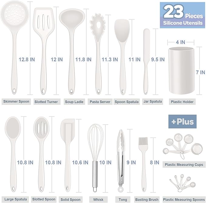 Silicone Kitchen Utensils Set, E-far 23 Pcs White Cooking Utensils Tools with Holder for Nonstick Cookware, Include Spatula/Spoon/Ladle/Tongs/Turner, Heat Resistant & Nontoxic, Dishwasher Safe