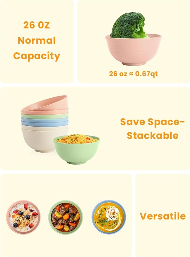 Homienly Wheat Straw Bowls, Unbreakable Cereal Bowls Microwave Safe, 8 PCS Lightweight Stackable Snack & Soup Bowls for Kitchen, Camping, Party, Dishwasher Safe Plastic Bowl Alternative (Light, 26oz)