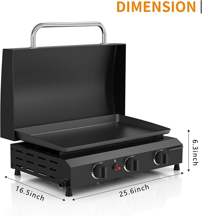3 Burner BBQ Gas Griddle with Hood, 25.6 Inch Stainless Steel Portable Detachable Propane Griddle, 45,000 BTU Flat Top Barbecue Grill with Lid for Camping