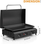 3 Burner BBQ Gas Griddle with Hood, 25.6 Inch Stainless Steel Portable Detachable Propane Griddle, 45,000 BTU Flat Top Barbecue Grill with Lid for Camping