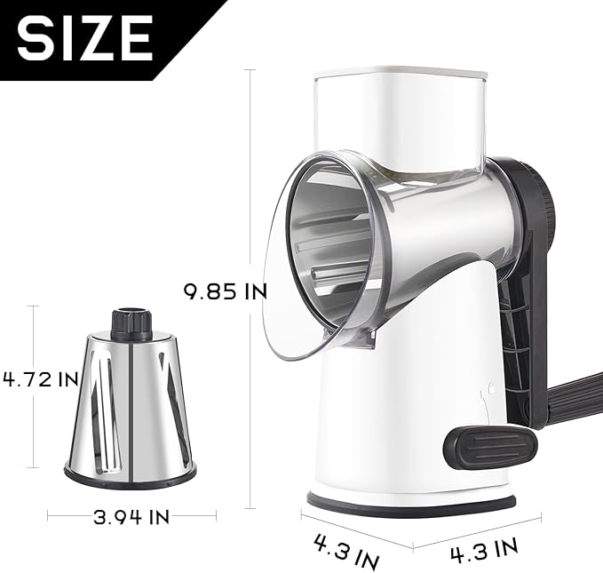 VEKAYA Cheese Grater, Cheese Grater Hand Crank, 4 Interchangeable Blades Cheese Shredder, Vegetable Slicer, Non-slip Suction Base, Easy to Clean Rotary Grater with Handle (White)