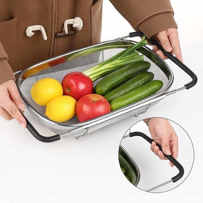 Premium Quality Over The Sink Stainless Steel Oval Colander with Fine Mesh 6 Quart Strainer Basket & Expandable Rubber Grip Handles - Strain, Drain, Rinse Fruits, Vegetables1