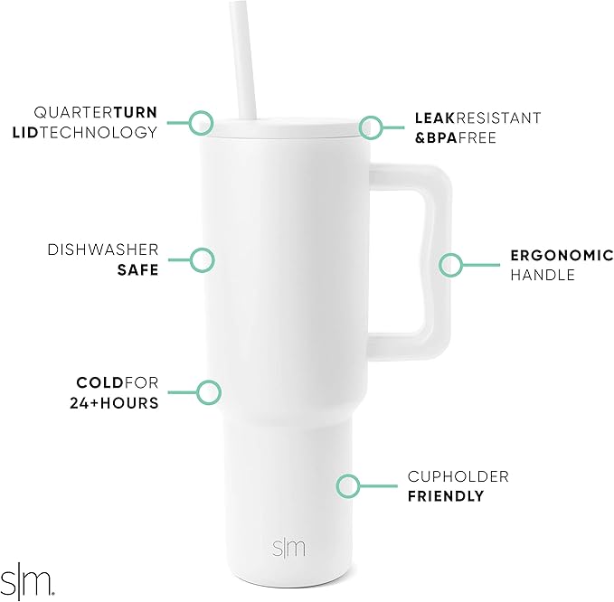 Simple Modern 40 oz Trek Tumbler with Handle and Straw Lid | Cup Holder Friendly Insulated Stainless Steel Travel Mug | Winter White