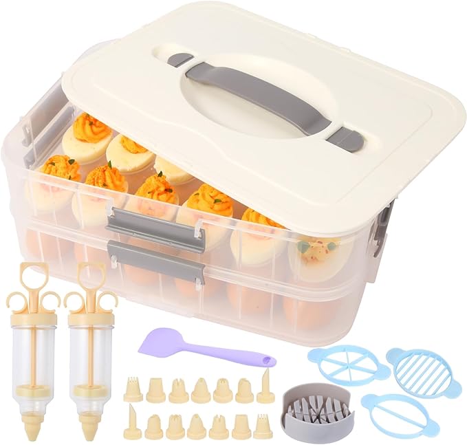 2-Layer Deviled Egg Containers With Lid,36pcs Deviled Egg Tray Carrier with Handl Injector Piping Tool,Portable Stackable Egg Holder Platter Holder Organizer for Refrigerator Party Picnic Travel Event