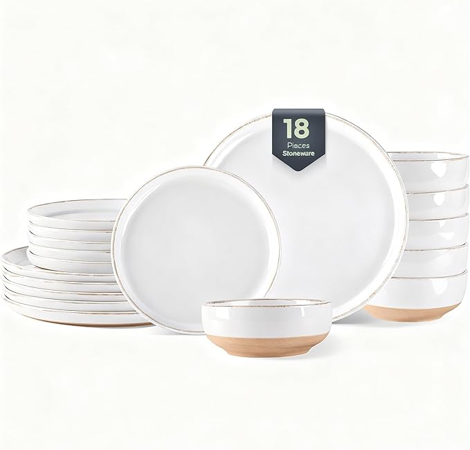 AmorArc 18 Pieces Ceramic Dinnerware Sets for 6, Handpainted Stoneware Plates and Bowls Set with Rustic Terracotta Underside, Scratch Resistant Dishes Set, Dishwasher & Microwave Safe, White