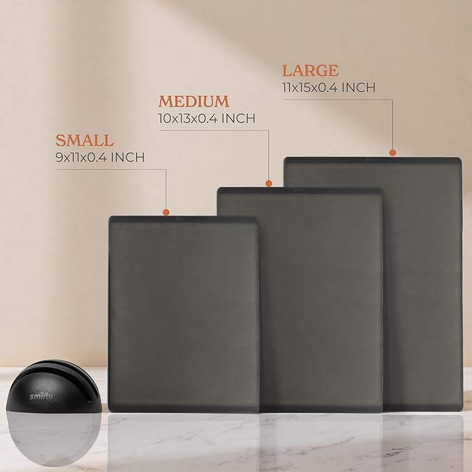 SMIRLY Plastic Cutting Board Set with Holder 3 Pieces, Non-Slip Dishwasher Safe Chopping Boards for Kitchen, Dark Grey