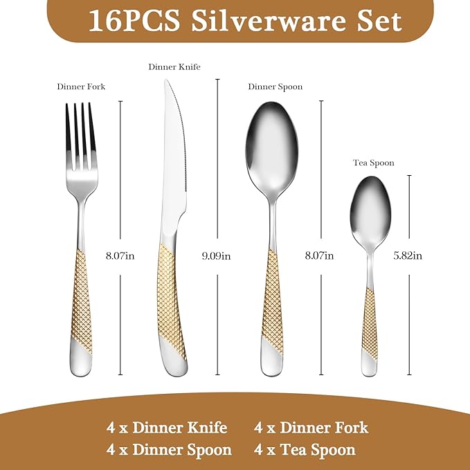 16 Piece Gold Hammered Silverware Set for 4, Premium Food-grade Stainless Steel Flatware Set, Luxury Design & Mirror Polished Cutlery Set, Eating Utensil Set with Fork Knife Spoon, Dishwasher Safe