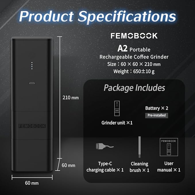 Femobook-A2 Portable Electric Coffee Grinder, Cordless Burr Grinder USB Rechargeable Coffee Grinder Magnetic Grounds Cup for Espresso Pour Over Travel & Home Brewing, Black
