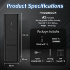 Femobook-A2 Portable Electric Coffee Grinder, Cordless Burr Grinder USB Rechargeable Coffee Grinder Magnetic Grounds Cup for Espresso Pour Over Travel & Home Brewing, Black
