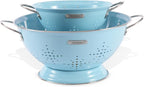 Metal Colander 2 Pack, Strainer Bowel with Handles 2Qt & 6Qt Powder Coated Solid Ring Base Heavey Duty Kitchen Drainer Basket for Pasta Veggies and Fruits,New Home Apartment Essentials (ArcticBlue)