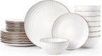 Famiware Eden Plates and Bowls Sets, Stoneware Dinnerware Sets with Gold Trim, 24 Pieces Dishes Set for 8 - Chip and Scratch Resistant, Microwave and Dishwasher Safe, White Circle