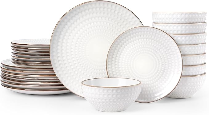 Famiware Eden Plates and Bowls Sets, Stoneware Dinnerware Sets with Gold Trim, 24 Pieces Dishes Set for 8 - Chip and Scratch Resistant, Microwave and Dishwasher Safe, White Circle