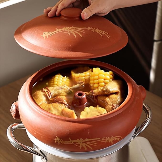 Ceramic Steam Cooker, Stew Pot Clay Casserole Zisha Steamer Ceramics Stovetop with Cover, Household Steam Pot for Chicken Soup, Vegetables and Corn or Cook Fitness Food,2700ML