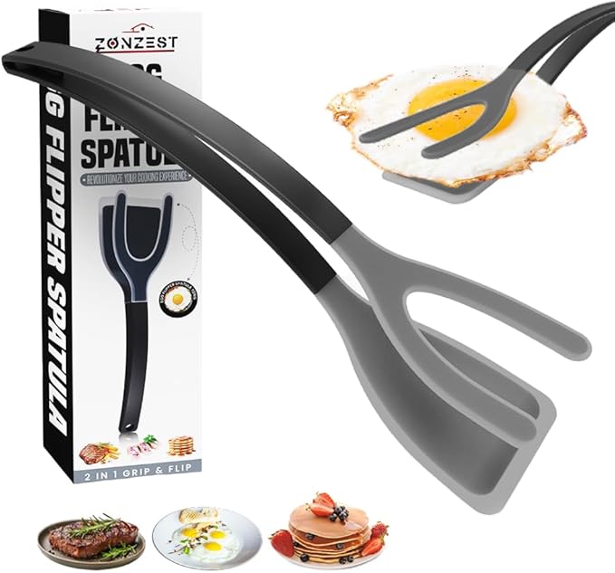 Silicone Egg Flipper Spatula Tongs (Set of 1) – Non-Stick 2-in-1 Grip & Flip Kitchen Tongs for Pancakes, Fish, Eggs, and More – Heat Resistant Cooking Tool (Black) (Black)