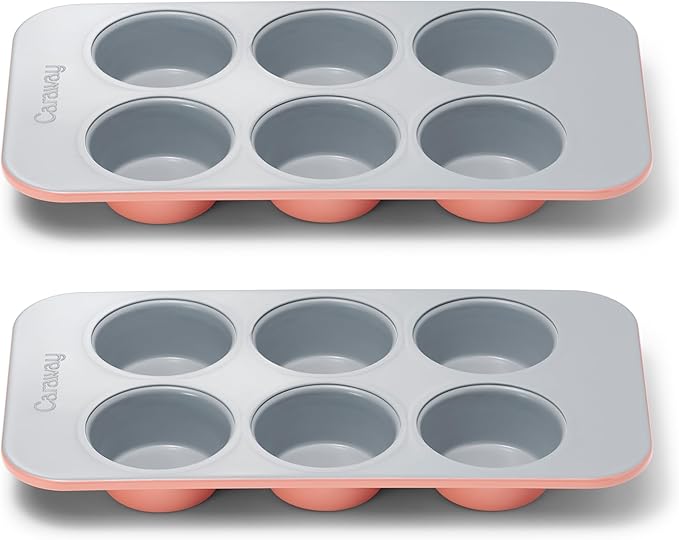 Caraway Nonstick Ceramic 6 Cup Muffin Pan Duo – Non-Toxic, PTFE & PFOA Free – Oven Safe – Aluminized Steel Core – Small Muffin Pan for Baking Cupcakes, Muffins & More - Perracotta