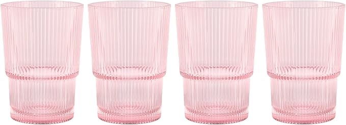 Glaver's Ribbed Drinking Glasses Set of 4 - Pink Vintage Glass Cups 15.38 oz, Stackable Highball Glasses, Juice, Iced Coffee Cups, Water Glasses for Beverages - Blush