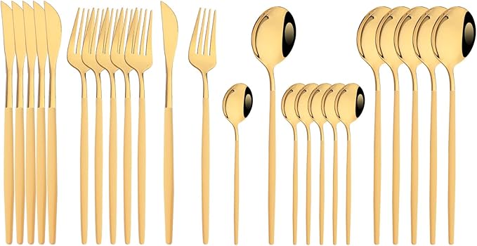 JASHII Flatware Set 24 Piece, Stainless Steel Silverware Set, Macaron Small Fresh Color Cutlery Set, Modern Elegant Tableware Set for Party, Christmas, Dinner (Yellow Gold)