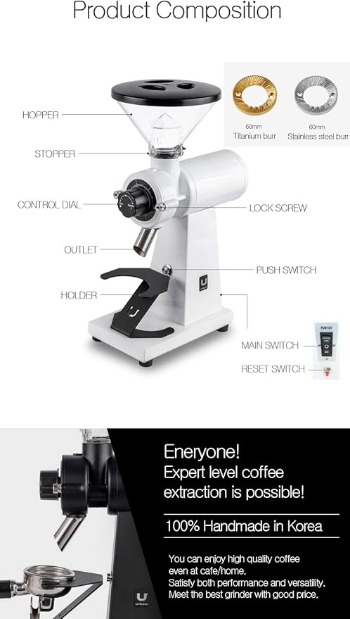 Urbanic 080 Electric Coffee Grinder (110~220v) / flat Titanium burr 60mm / Fine-setable in 100 steps (Black) / (Made in Korea)