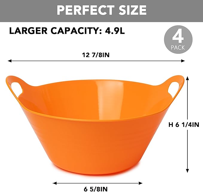 Tiawudi 4 Pack Snack Bowls (4.9L Large), Plastic Serving Bowls for Party, Large Bowls with Handles for Kitchen, Fruit, Cereal, Candy, Salad and Chip, Microwave Safe
