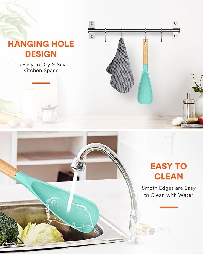 Cooking Spoon for Nonstick Cookwares, Great for Cooking and Serving Sturdy BPA-Free Matte Silicone, Wood Handle Spoon for Mixing, Scoop, and Scrape (GREEN)