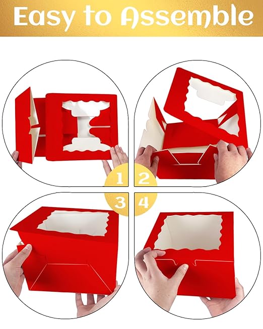 qiqee 8x8x5 Cake Box, 18 Sets Red Cake Box with Window ＆ 18 Sets 8" Red Cake Round Boards, 8inch Cake Containers