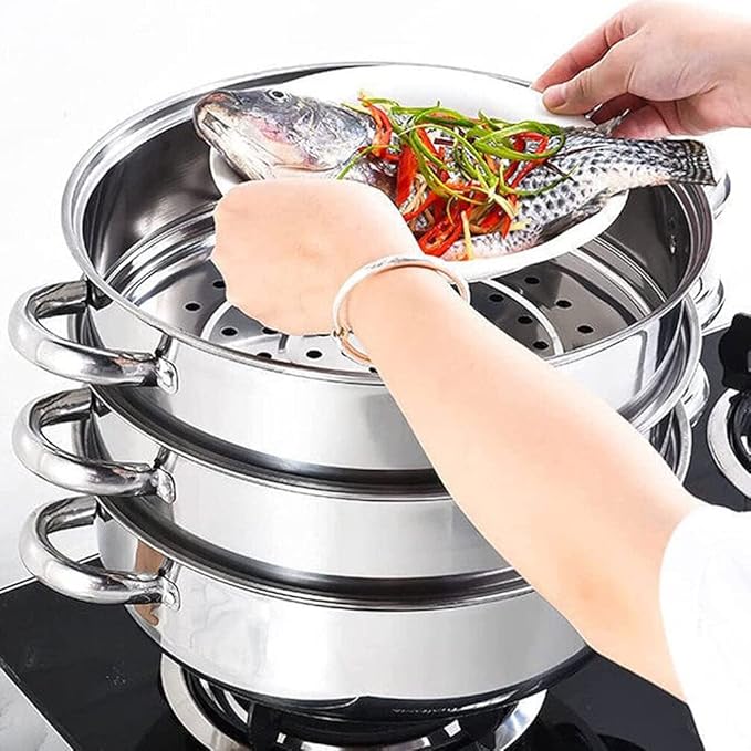 3 Tier Steamer Pot with Glass Lid - 30 cm Stainless Steel Steamer Pot Set Kitchen Cookware Tool Food Veg Cooker for Cooking Vegetables, Seafood, Soups, Stews and Pasta
