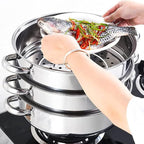 3 Tier Steamer Pot with Glass Lid - 30 cm Stainless Steel Steamer Pot Set Kitchen Cookware Tool Food Veg Cooker for Cooking Vegetables, Seafood, Soups, Stews and Pasta