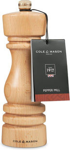 Cole & Mason London Refillable Spice Mill - Kitchen & Home Accessory - Table Black Pepper Grinder - Pepper Mill with Carbon Steel Mechanism - 7", Natural Beech