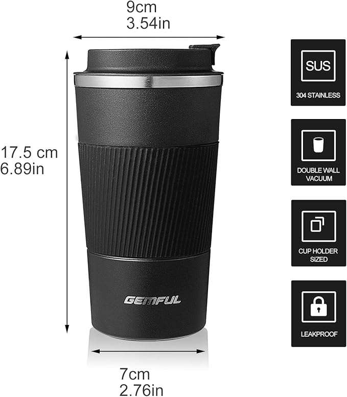 GEMFUL Travel Coffee Mug To Go Insulated Tumbler with Lid Portable Stainless Steel Reusable Leak proof Cups for Women Hot Cold Drinks 17oz (6 Pack)