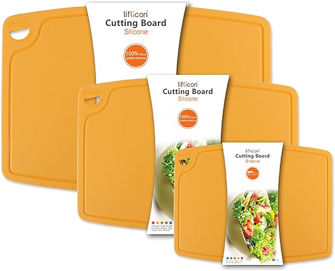 Silicone Thick Cutting Boards Mats Set of 3pcs Foldable & Flexible Design Juice Grooves Easy Grip Handle Dishwasher Safe for Kitchen,BPA free Silicone Cutting Mats-Yellow