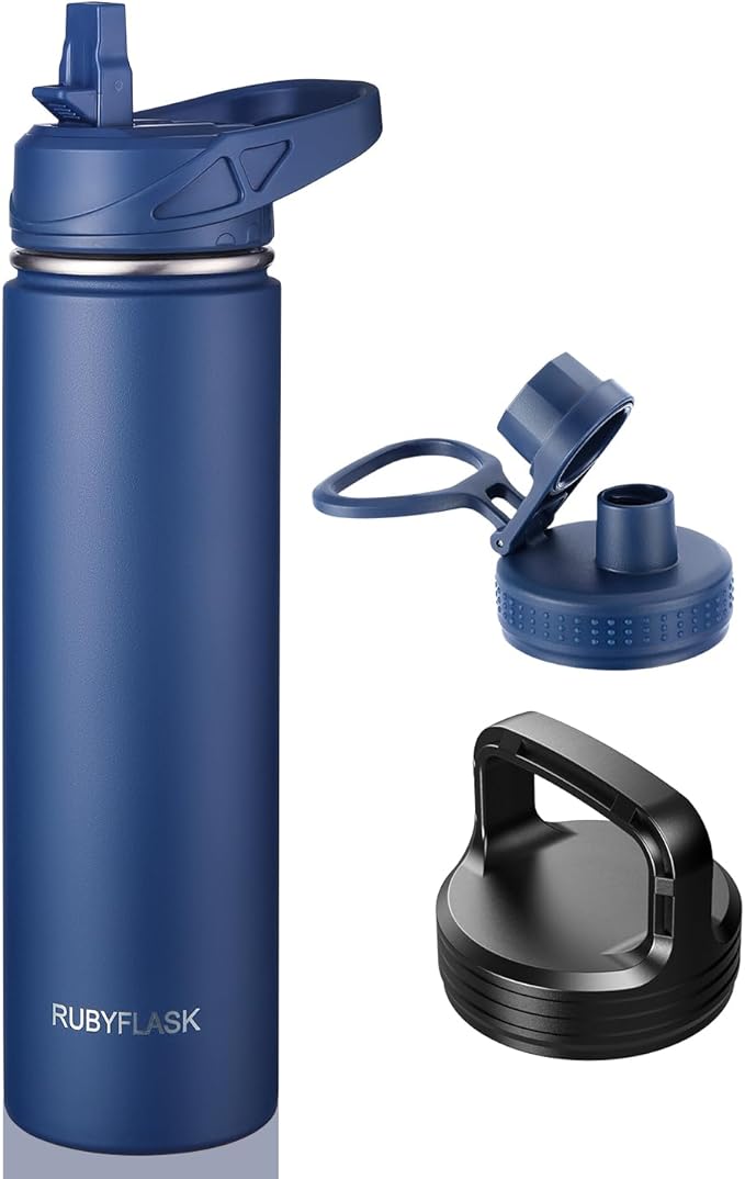 24oz Insulated Water Bottle with Straw, Stainless Steel Metal Vacuum Water Flask, Large Thermal Water bottle with Leakproof 3 Lids for Travel, Camping, Gym Sports Navy
