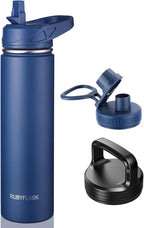 24oz Insulated Water Bottle with Straw, Stainless Steel Metal Vacuum Water Flask, Large Thermal Water bottle with Leakproof 3 Lids for Travel, Camping, Gym Sports Navy